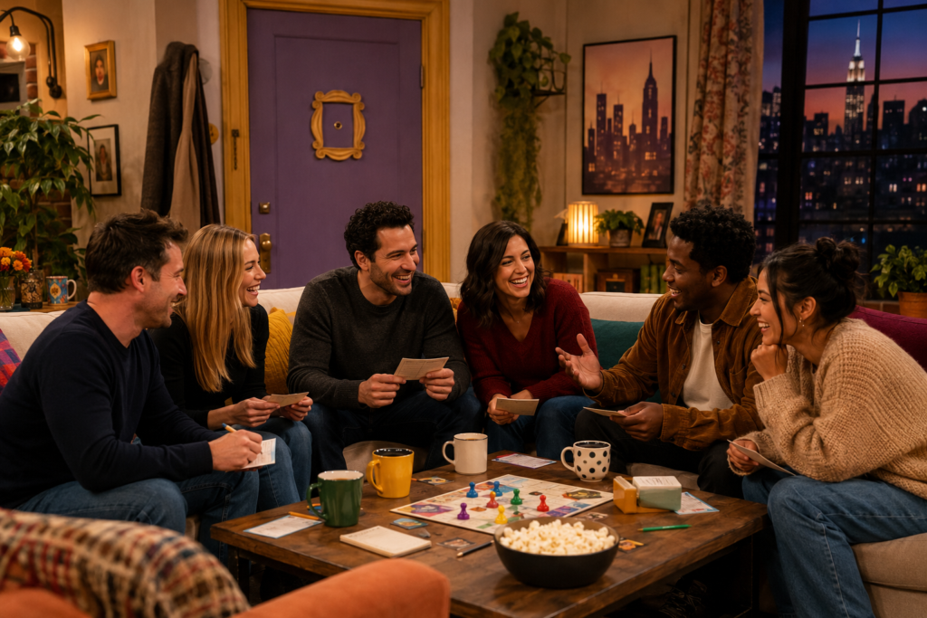 A warm, cosy living‑room scene clearly inspired by the TV show ‘Friends’: a group of adults gathered around a coffee table playing a trivia game, laughing and talking. In the background, subtle visual nods to the show such as a purple apartment‑style door with a yellow frame, a Central Perk‑style coffee mug, and a New York skyline poster. Include soft, ambient lighting, colourful cushions and a welcoming atmosphere, suitable for a blog about Friends‑themed trivia nights for private and corporate events. No text on the image, no logos, no direct replicas of copyrighted sets.